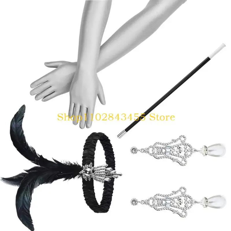 

49MC 20s Flapper Women Costume Gatsby Party Headband Cigarettes Holder Earrings 1920s Vintage Cosplay Party Accessories Set