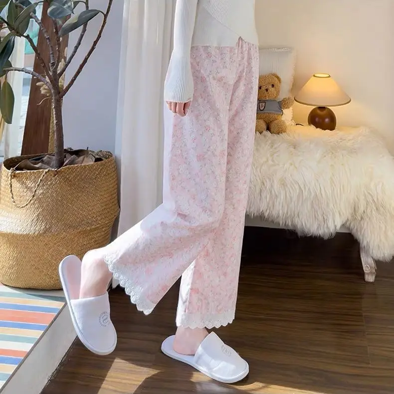 

Spring Autumn Pajama Pants for Women Thin Korean Style Cute Floral Lace Trousers Wide-leg Home Pants Women's Loose Sleep Pajamas