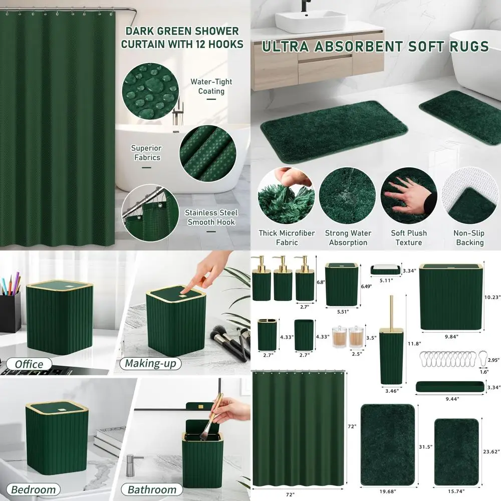 

27-Piece Dark Green Bathroom Accessory Kit: Shower Curtain, Mats, Trash Bin, Toilet Brush, Soap Dispenser
