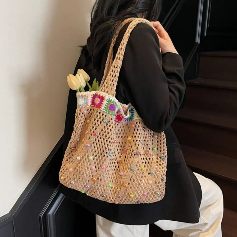 

Korean Style Knitting Shoulder Bag Contrast Color Large Capacity Crochet Tote Bag Versatile Hollow Out Casual Woven Handbag
