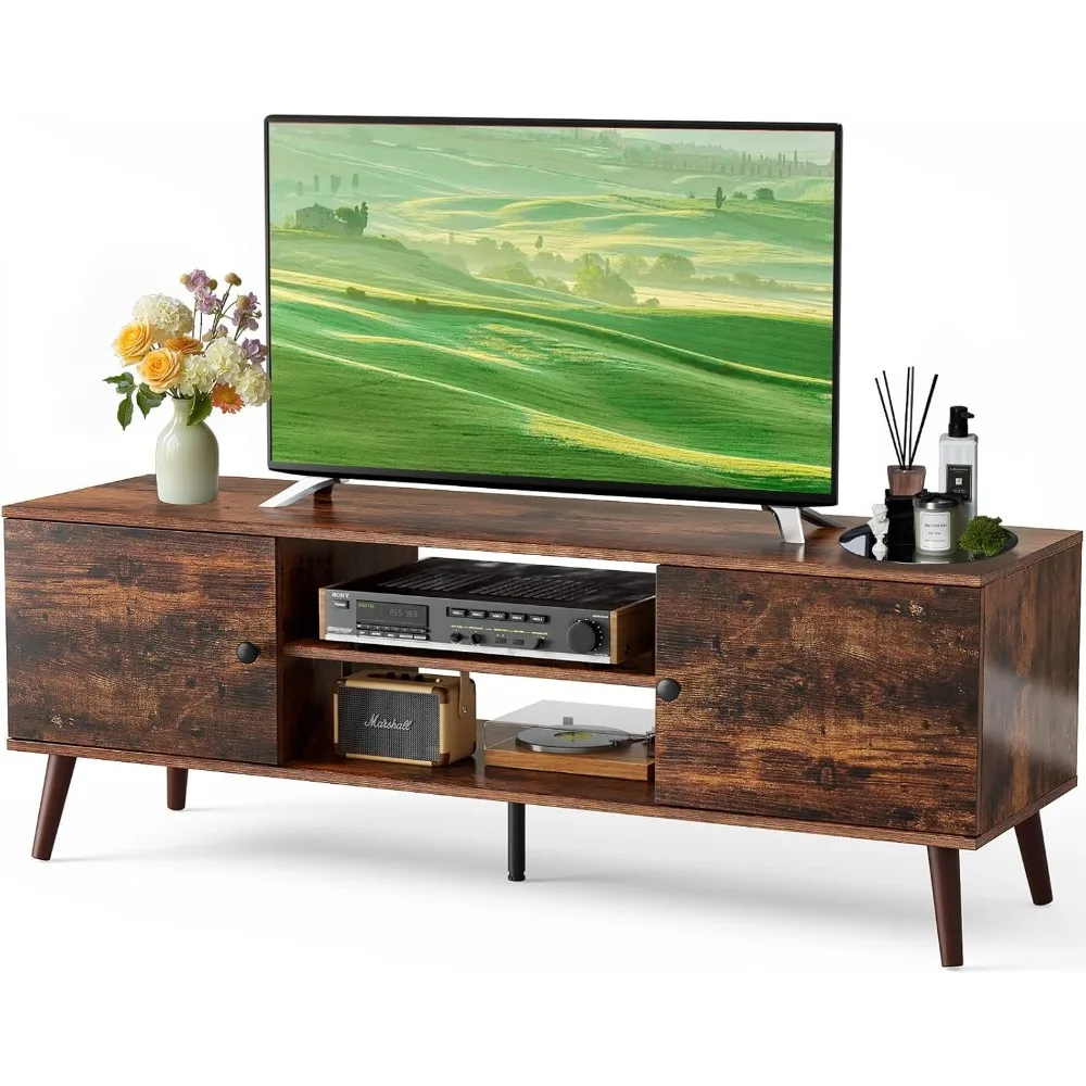 

TV Stand for 55 60 inch TV, Entertainment Center with Storage Cabinet, Mid Century Modern Media Console Table, Adjustable Hinge
