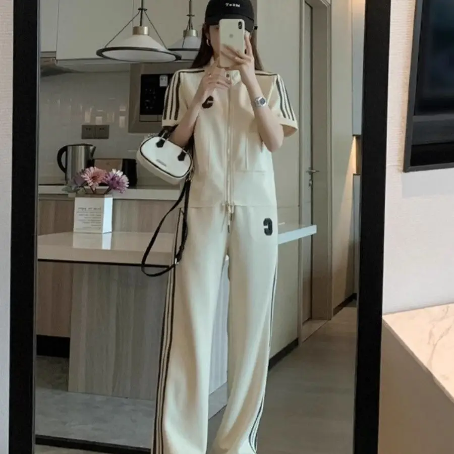 

Fashionable Casual Sportswear Set Short Sleeve Long Pants Two Piece Women's Summer Elegant Style Polyester Zipper Closure