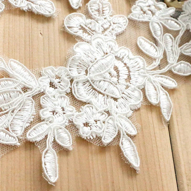 African French Lace Fabric, Chantilly Lace Applique, Off White Car Bone, Wedding Accessories, High Quality, 25*11cm, 4Pcs Lot