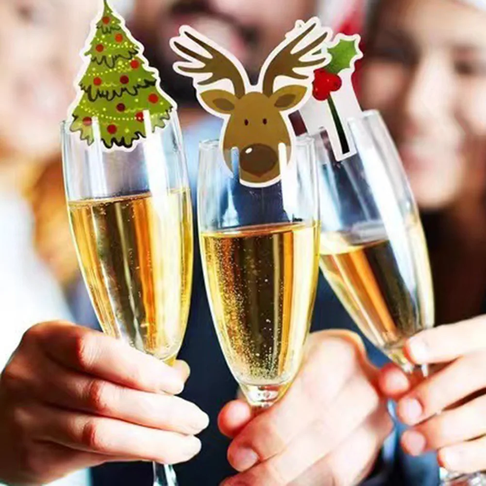20pcs Christmas Wine Glass Card Red Wine Glass Deer Insert Card  2025 New Year Holiday Home Ornament Christmas Decorations