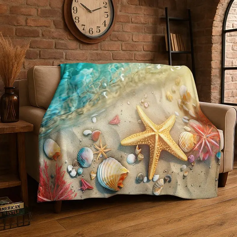 Tropical Beach Starfish Shell Sea Star Flannel Blanket Soft Throw Blanket for Bedroom Living Room Bed Travel Camping Picnic Nap