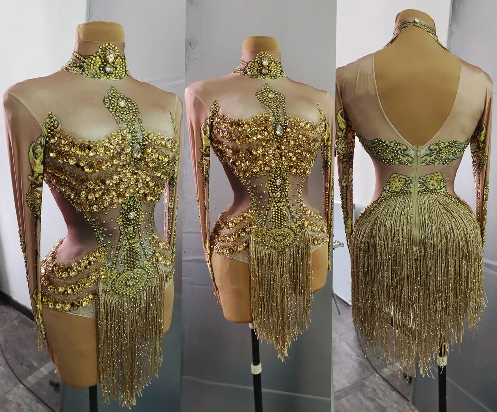 

Sexy Tassel Bodysuit Sparkly Gold Crystals Fringes Leotard Women Rhinestones Performance Dance Costume Stage Wear Club Outfit