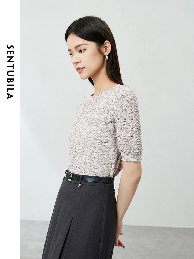 SENTUBILA Simple Round Neck Knitted Pullovers Woman 2024 Summer Hollow Out Casual Short Sleeve Tops Female Clothing W42H54255