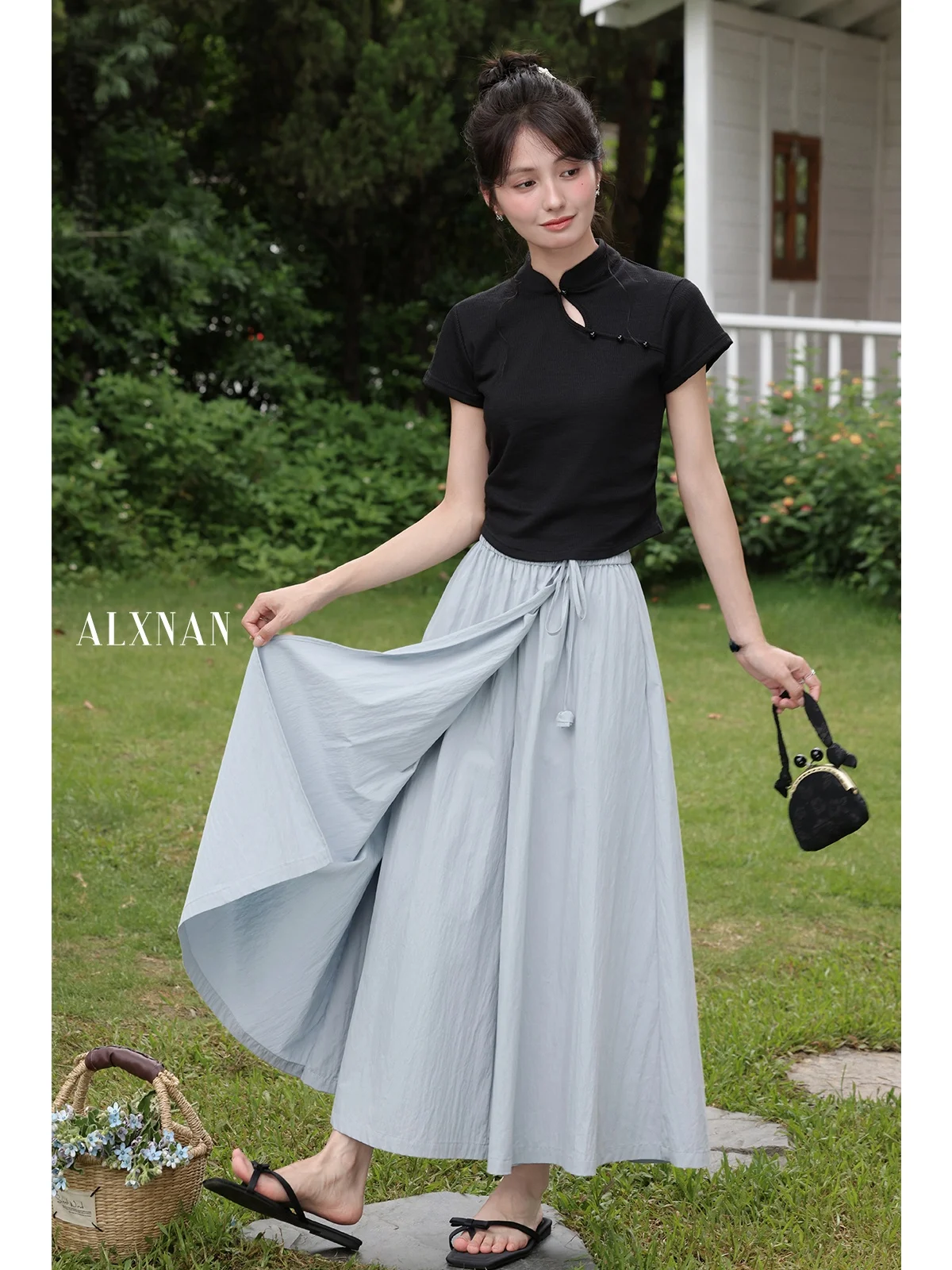 Falda Midi holgada azul romántica para mujer, novedad de verano, falda pantalón versátil Sle, falda acampanada de cintura media para ir al trabajo