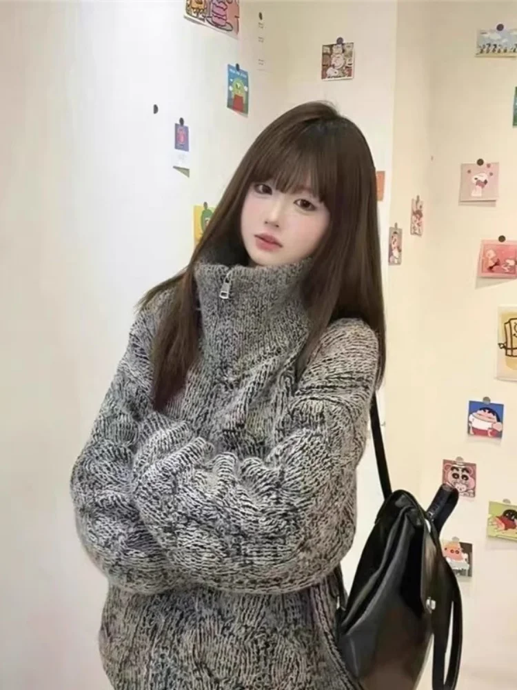 

Oversized Sweater Coat for Women, High Neck Zipper Knit Jacket, Autumn Winter Loose Chic Cardigan, Lazy Fashion Outerwear w2030