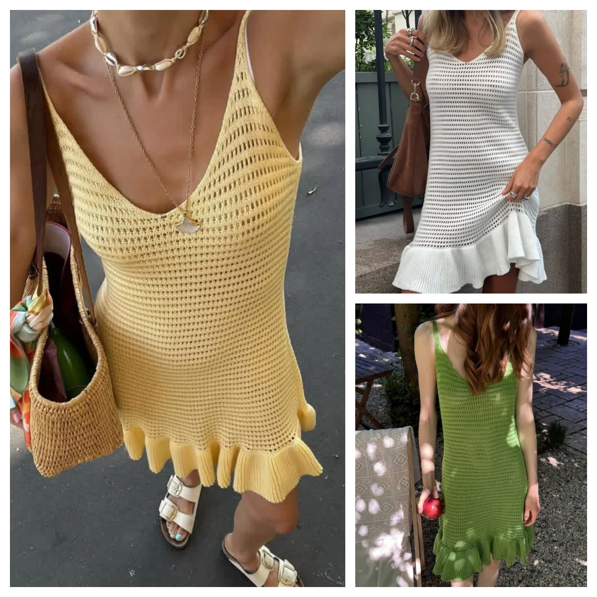 Tossy Knit Ruffled Hollow Out Mini Dress Female V-Neck See-Through Holiday Beach Casual Clothes Summer Women's Knitwear Dress