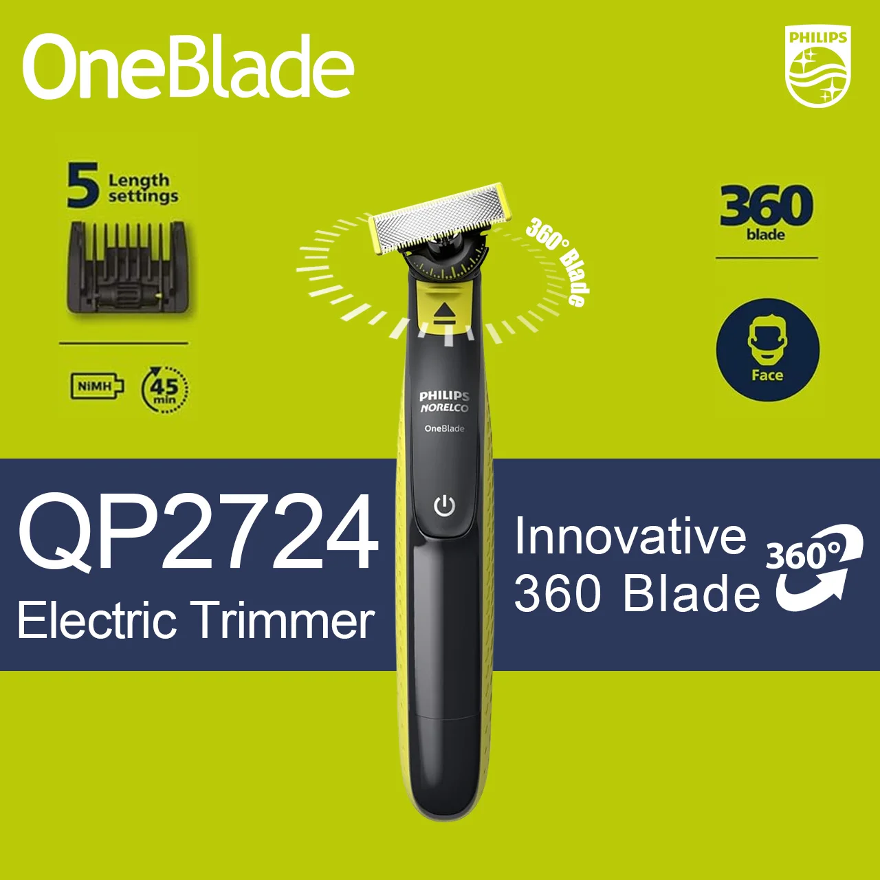 

Philips Norelco OneBlade QP2724 Face Hybrid Electric Beard Trimmer and Shaver with adjustable trimmer guard