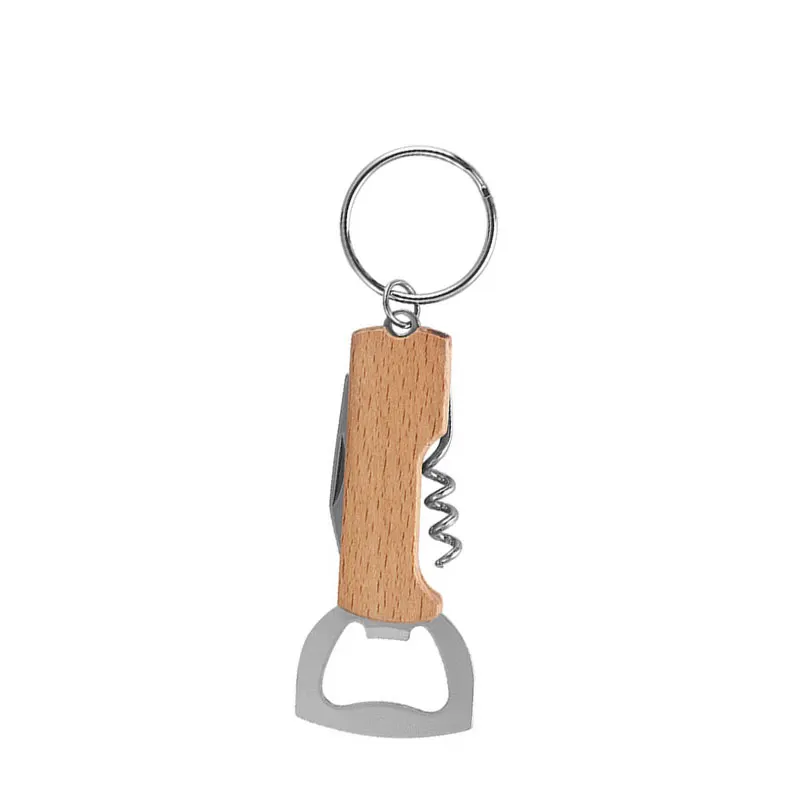 Beer Bottle Opener Keyring Keychain Stainless Steel Multifunctional Wooden Handle Corkscrew Wine Opener Bar Party Accessory