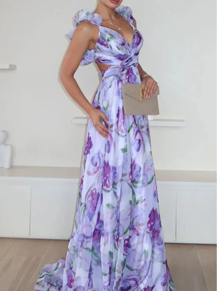 فستان شيفون كشكش جديد لربيع وصيف 2025 أوروبي وأمريكي مطبوع لقضاء العطلات، فستان مطوي للنساء