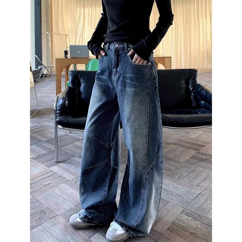 Damskie jeansy oversize w kolorze ciemnoniebieskim w stylu Y2K, szerokie nogawki, vintage Harajuku, dżinsy w stylu retro amerykańskim z lat 2000, spodnie boyfriend jeans.