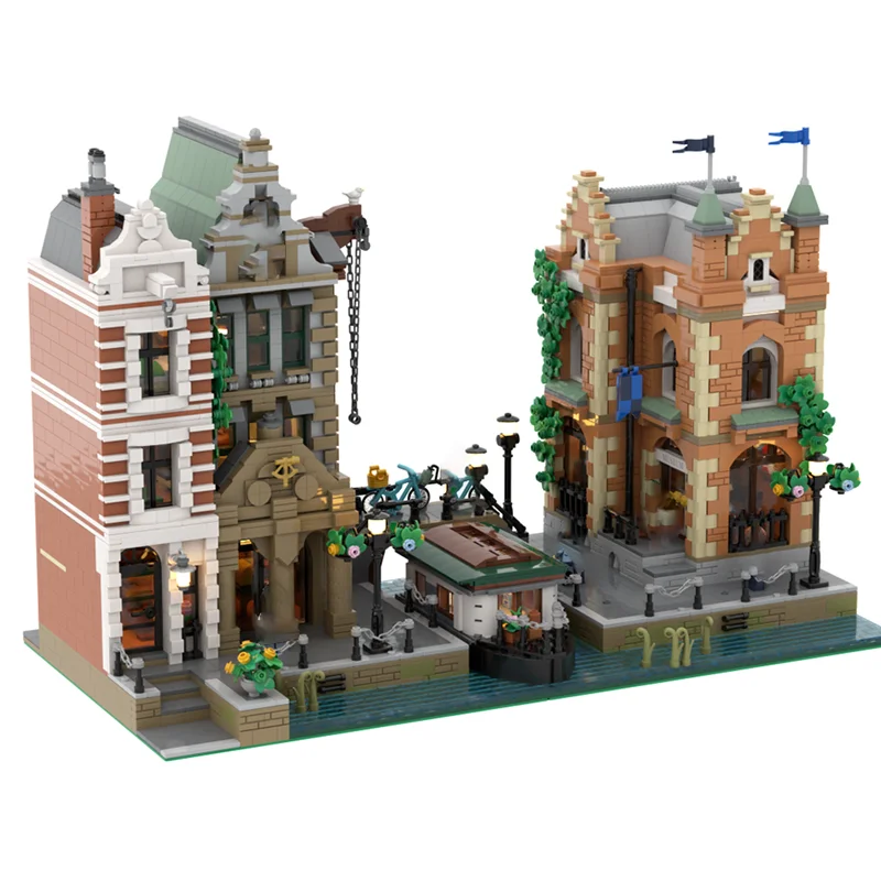 مدينة عرض الشارع نموذج Moc قوالب بناء قناة وحدات جمع نموذج التكنولوجيا وحدات لتقوم بها بنفسك المشهد كتلة هدية عيد الميلاد اللعب