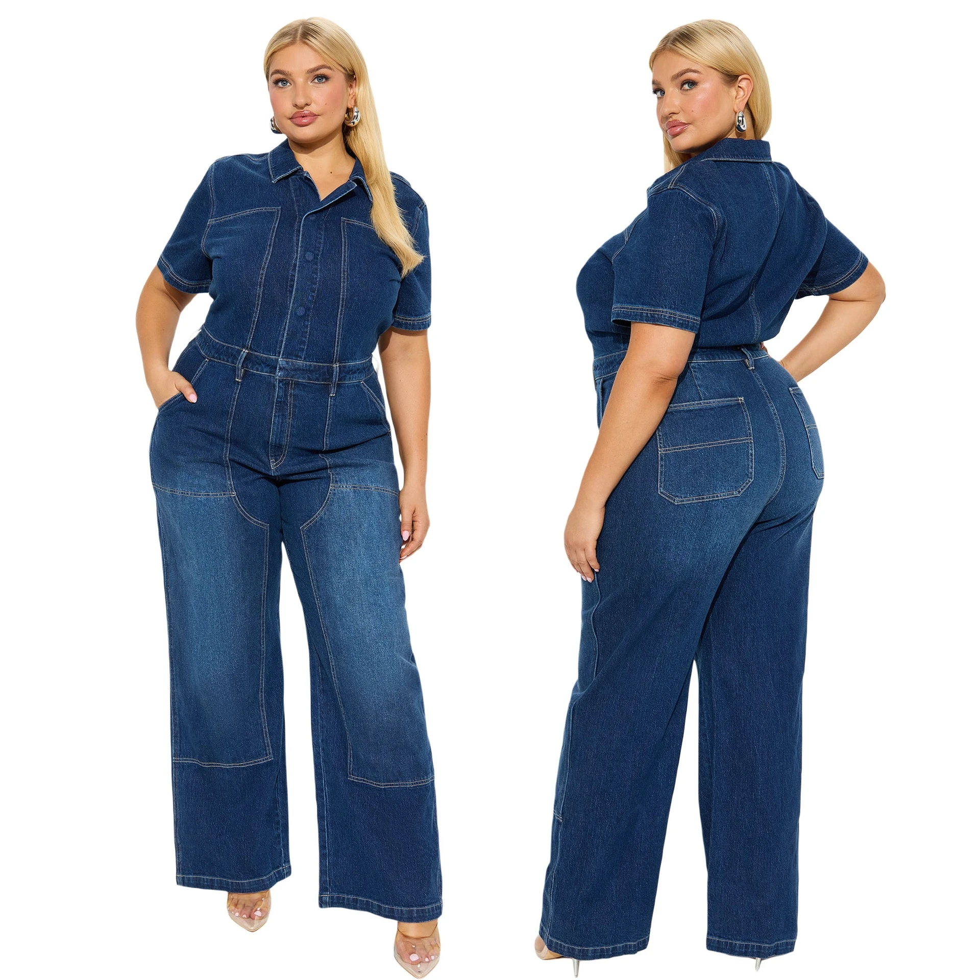 Plus size feminino denim macacão perna reta calças compridas meados de cintura mistura algodão regular fino temporada inverno importado