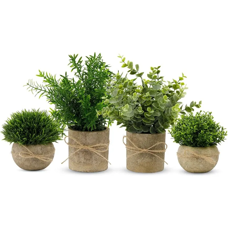 4Pack Small Fake Plants for Bathroom Decor, Artificial Plants Indoor, Faux Plants Indoor Eucalyptus Rosemary for Home Kitchen