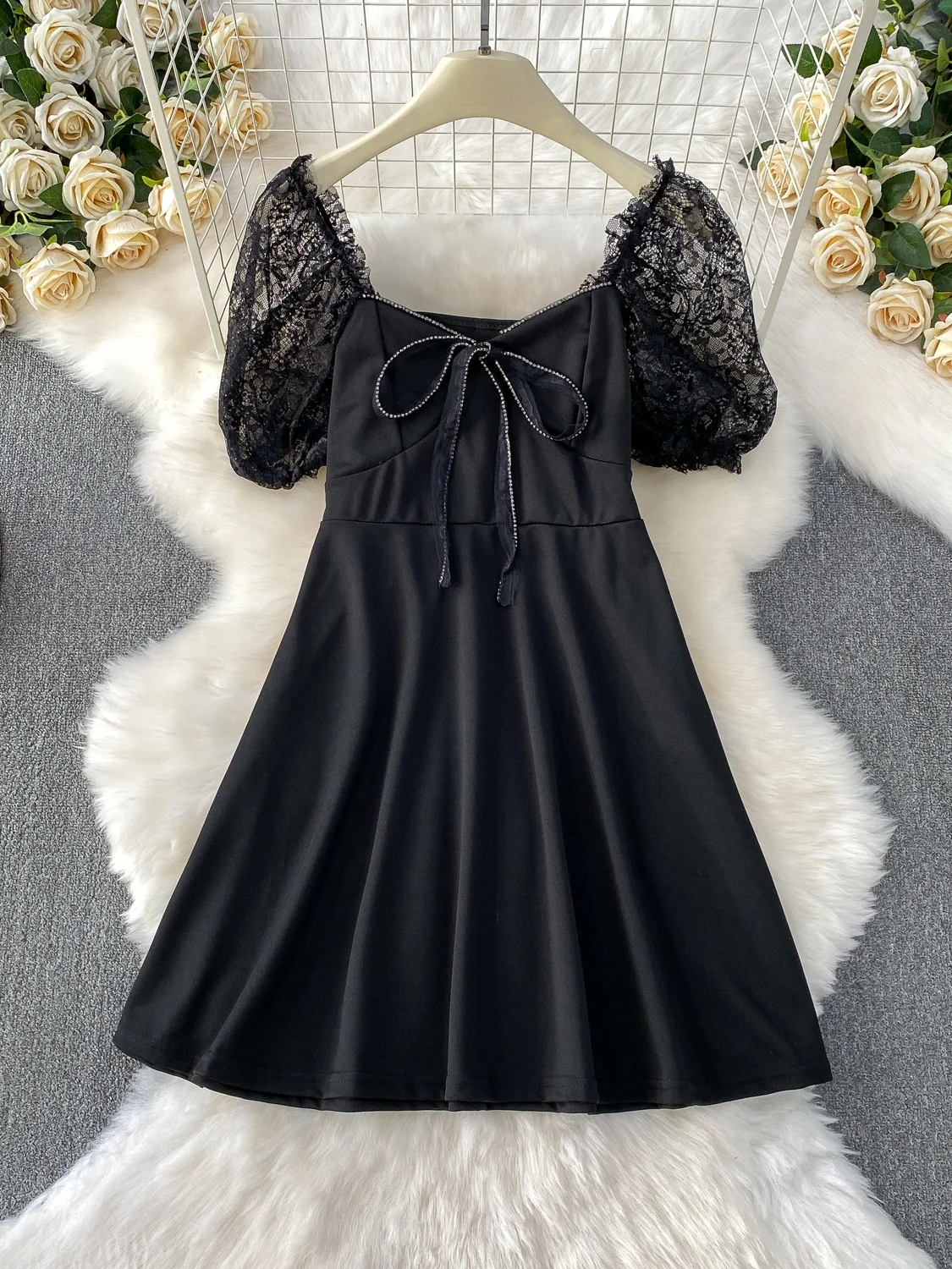 Vestido E com Mangas em Camadas e Renda, Vestido Preto Sexy de Verão com Cintura Alta e Cinto, Estilo Coreano, Vestido...