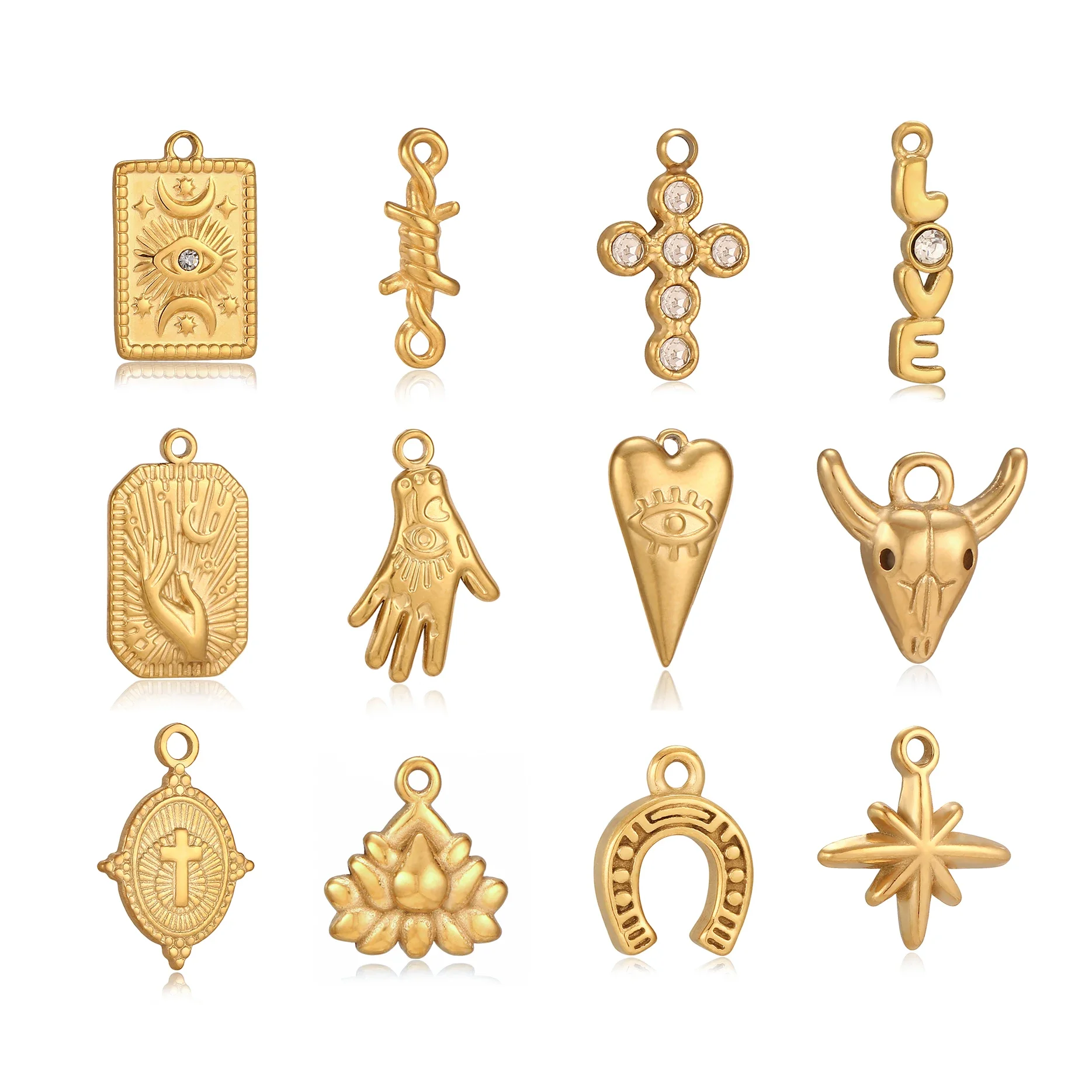 3Pcs Stainless Steel Mini Heart/Eyes/Hand Charms Small Gold Color Symbol Connector Pendants DIY Bracelet Necklace Jewelry Making