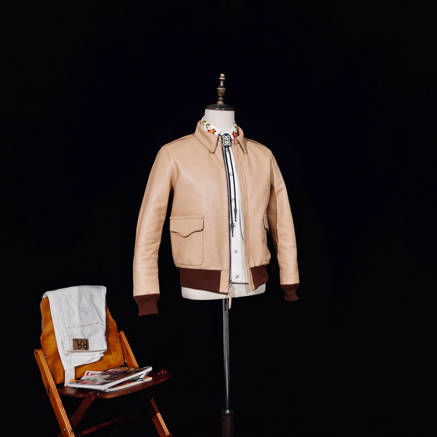 Tailor Brando Vegetable-Tanned Raw-Hide Calfskin Men's Classic A2 Genuine Leather Aviator Jacket