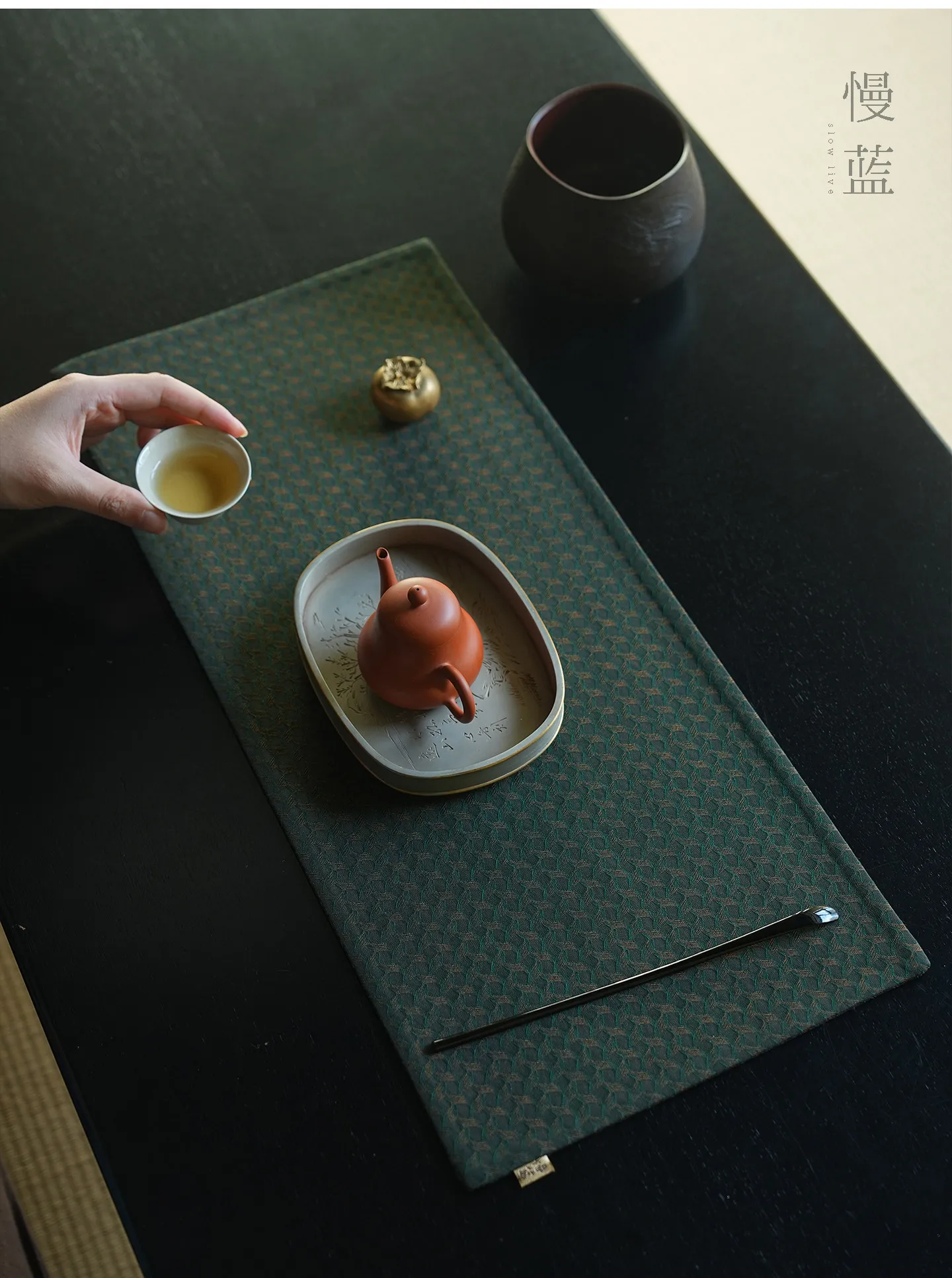 Mian Blue Chinese Style Table Flag Cloth Art Tea Ceremony Dry Puff Table Mat Cup Bag Incense Cloud Silk Tea Tools Storage Bag