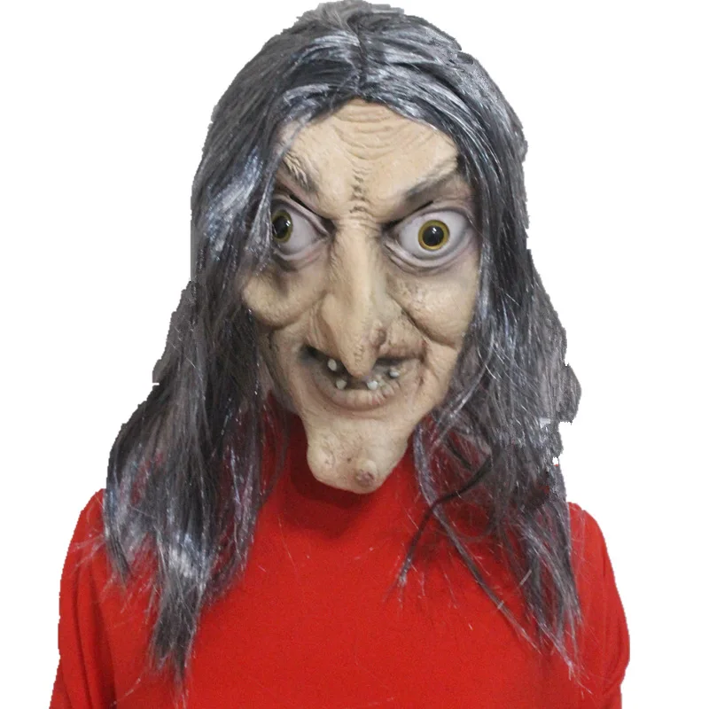 Scary Old Witch Mask Latex with Hair Halloween Fancy Dress Grimace Party Costume Cosplay Masks Props Adult One size