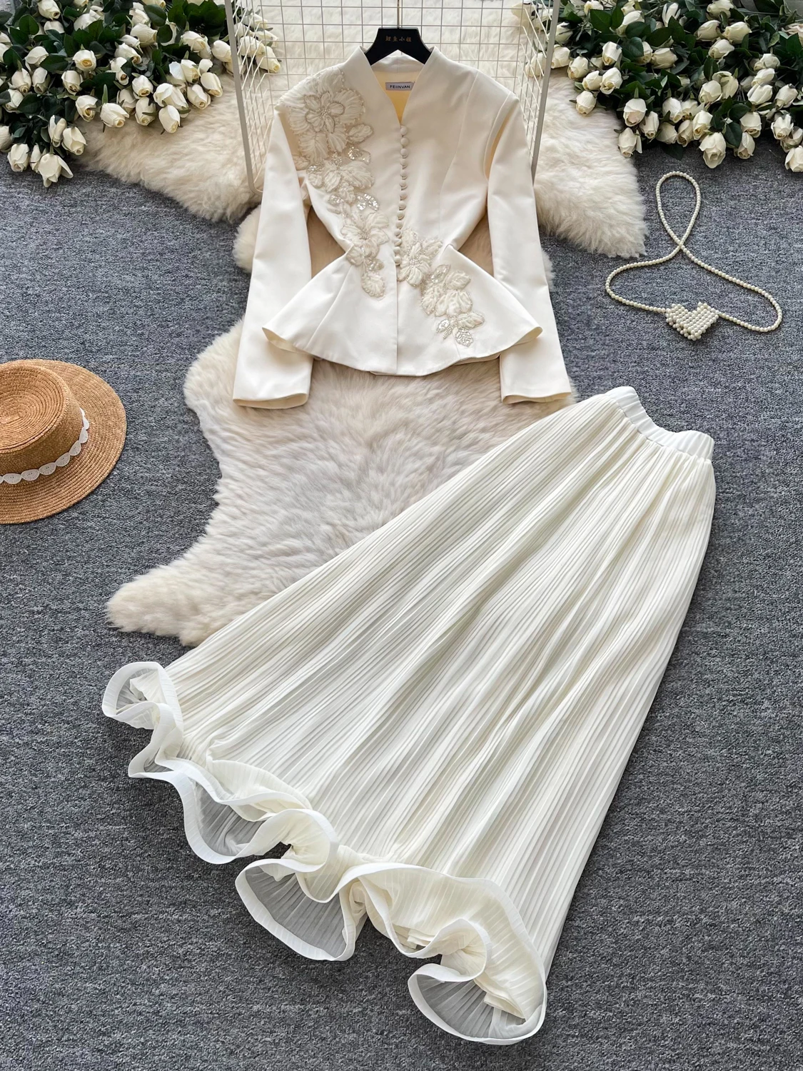 Elegant V-Neck Embroidered Jacket High Waist Pleated  Skirt Women's Autumn Luxury Fashion Two-Piece Set Breathable Casual...