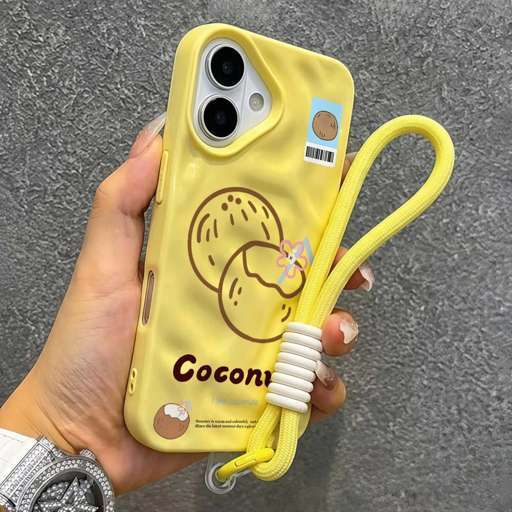 Niedliche Handyhülle mit Kokosnussmuster aus Falten-Silikon für iPhone 17 15 13 11 12 14 16 17 Pro Max 15 Plus Air mit Lanyard INS Cover – Detail 7