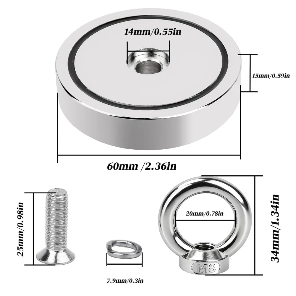 Super Strong Magnet Neodymium Fishing Magnets Super Powerful Magnets Search Magnet with Eyebolt for Salvage Magnetic Fishing