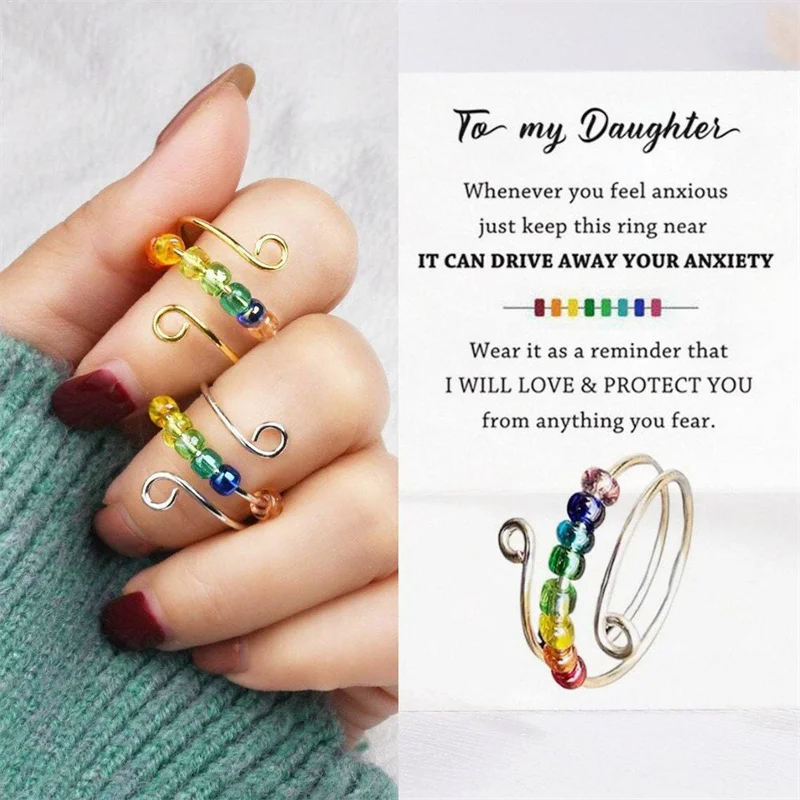 Rainbow Beads Anxiety Ring for Women Rotate Freely Anti Stress Adjustable Spinner Fidget Ring Bohemian Jewelry Gifts e1440
