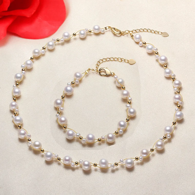 

Freshwater Pearl Necklace Bracelet Set Woven Jewelry Natural