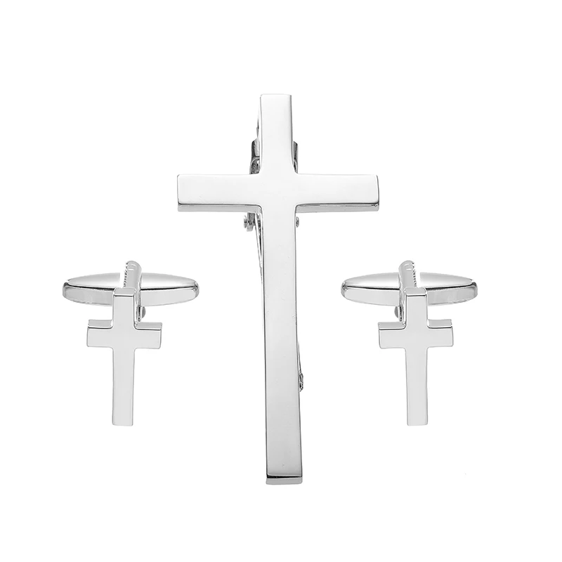 High quality Christian cross tie clip cufflinks for men\'s French shirt cuffs buttons, the best choice for gift giving