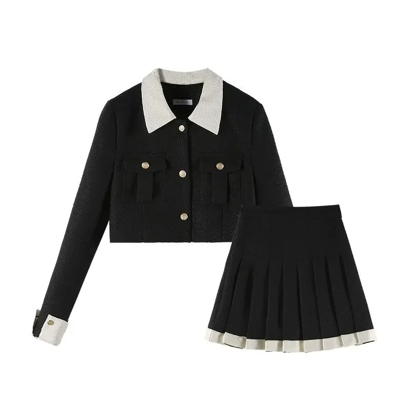 French Style Uniform Short Coat High Waisted Pleated Skirt two-piece College Style Uniform  Women Autumn Winter Dress Set