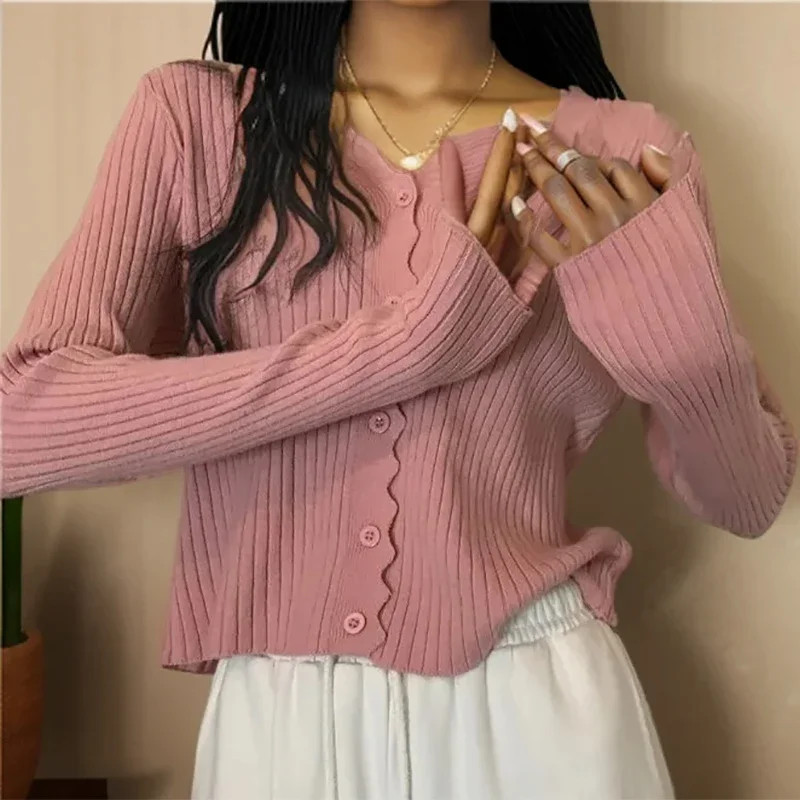 ITOOLIN Women Ruffles Long Sleeve Thin Sweater V-Neck Single-breasted Knitwear Office Sweet Tops For Women 2024 Autumn