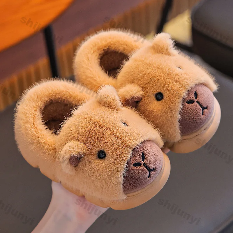 Capybara Children Warm Shoes Winter Fashion Cute Fluffy Cotton Floor Shoes Woman Warm Indoor Cartoon Plush Floor Home Slippers