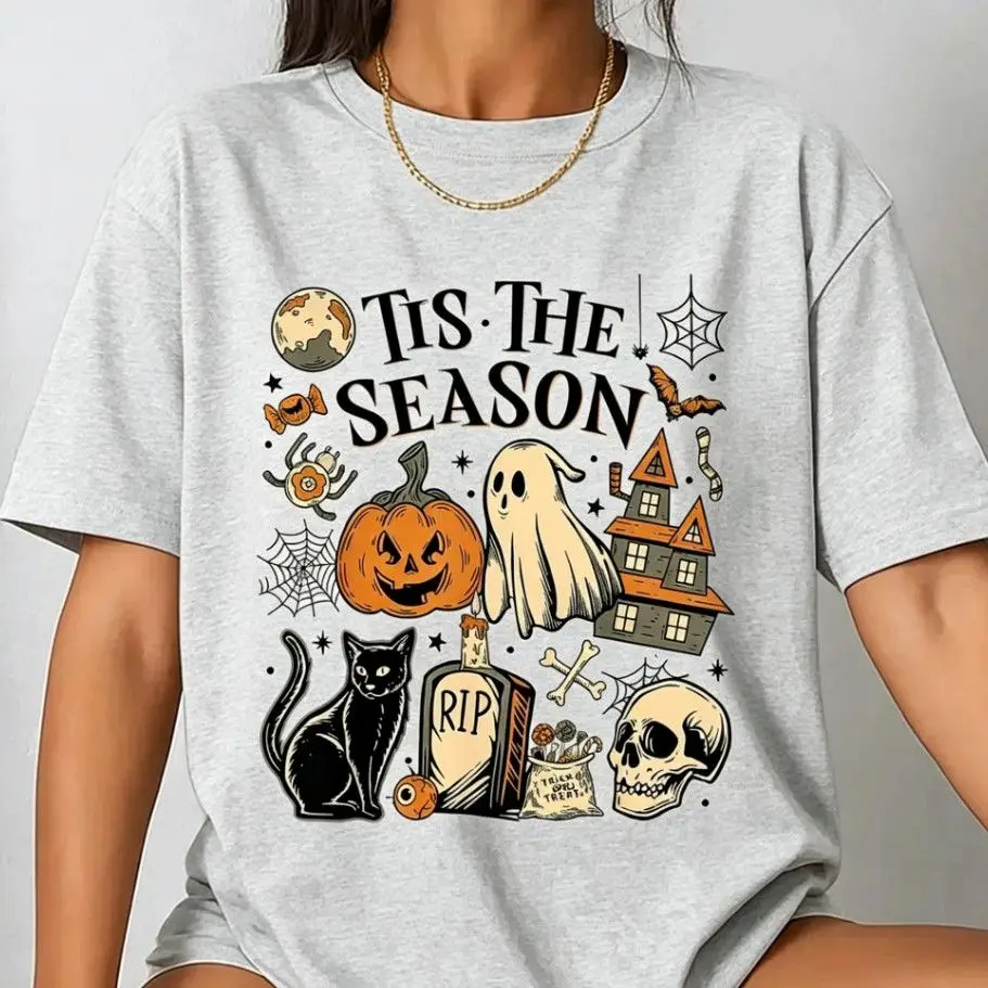 Autumn Halloween Elements Short Sleeved T-shirt Cross-border Halloween T Shirt Men's and Women's Versatile Top Base Shirt