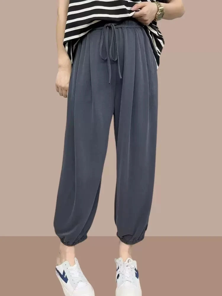 

Женские спортивные брюки из ледяного шелка, летние, тонкие, 2026, новинка, с завязками, маленький размер, хит продаж, быстросохнущие, повседневные брюки черного цвета