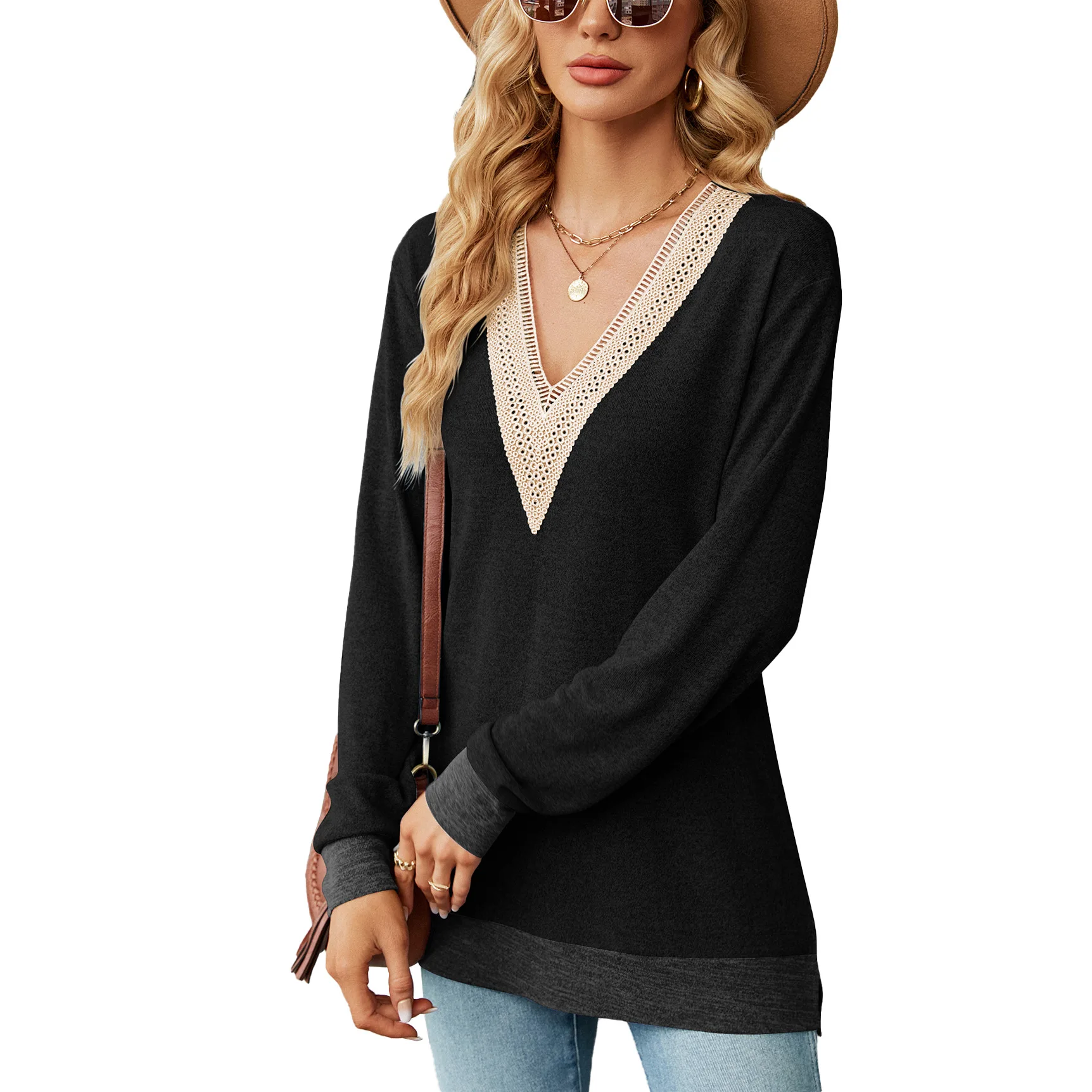 

Spring and Autumn Women's Long-sleeved T-shirt Lace V-neck Contrasting Color Simple Loose Long Pullover Top Fashion Tees
