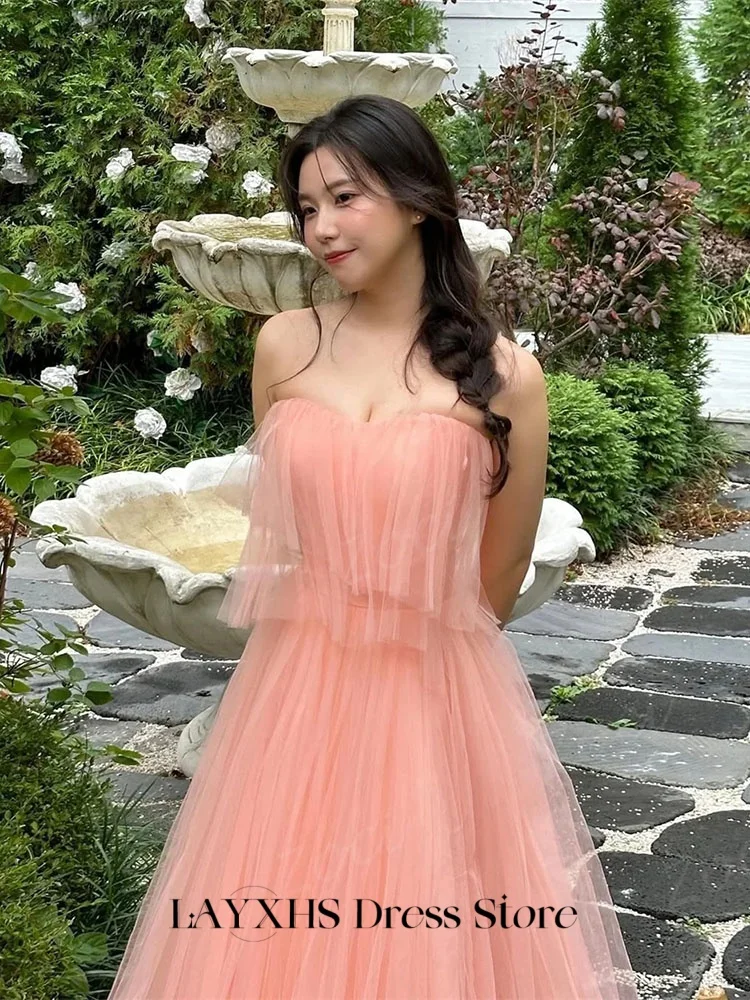 LAYXHS ファッションウェディングドレス韓国ピンクストラップレス A ラインチュールブライダルドレスカスタマイズ hochzeitspartykleid