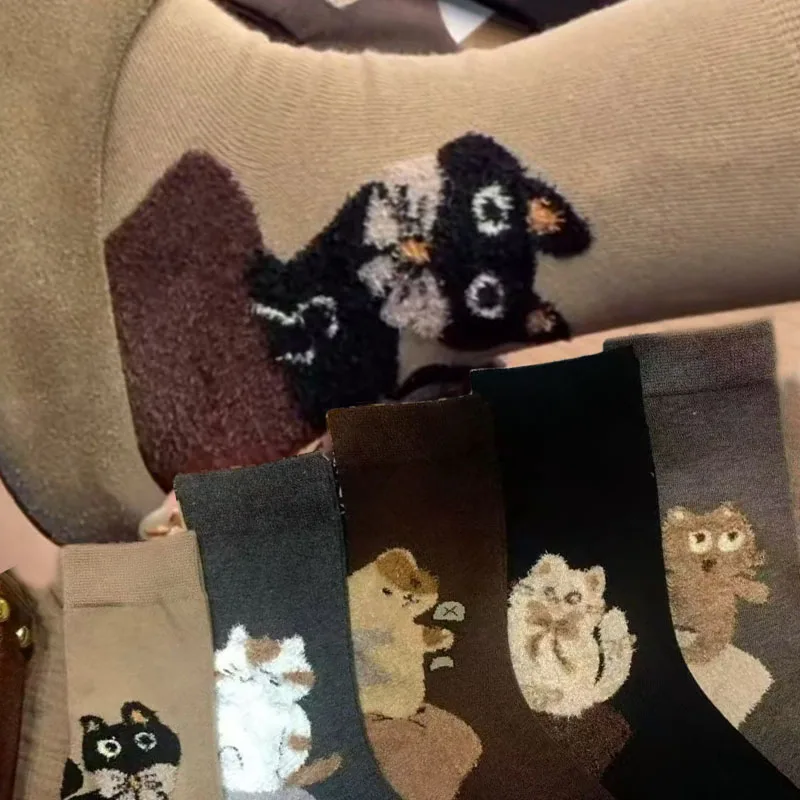 

Plush Animal Heel Socks Winter Thicken Feather Yarn Cat Design Sock Japanese Harajuku Home Floor Mid-tube Stocking for Women Men