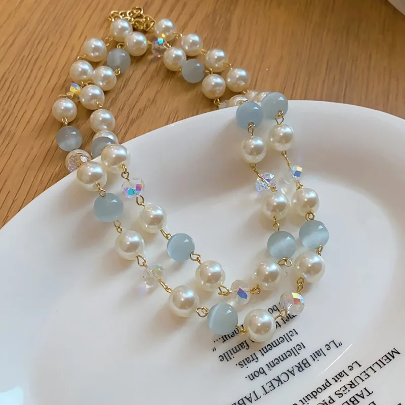 Minar French Contrast Color Opal Natural Stone Glass Beads Simulated Pearl Beaded Necklace for Women Double Layered Chokers