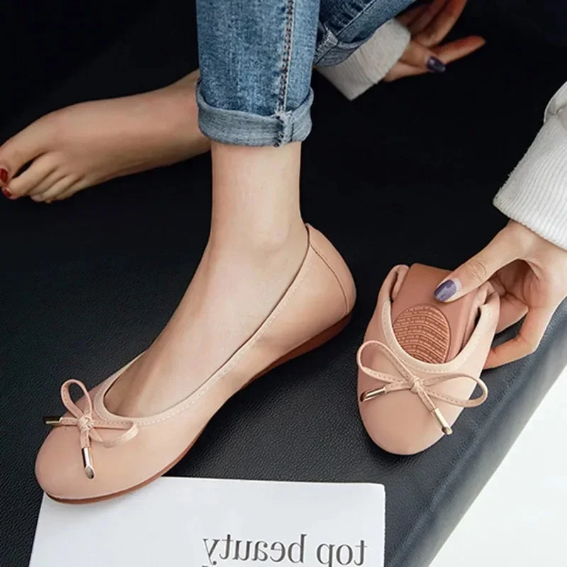 YAERNBig Size 42/43 Ladies Single Shoes Bowtie Flats Patent Leather Loafers Women Round Toe Roll-Up Shoes Woman Bridesmaid Flats