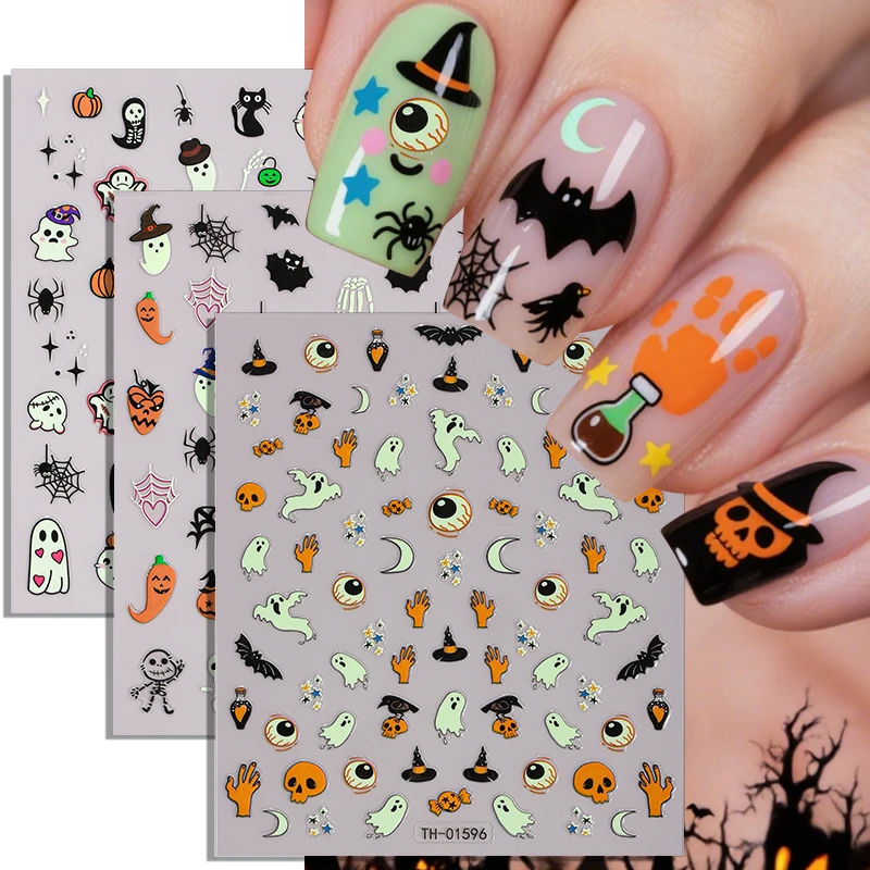 

3pcs Cartoon Cute Halloween Nail Art Stickers Luminous Ghost Pumpkin Skull Nail Decals for Festival Nail Decoration Manicure