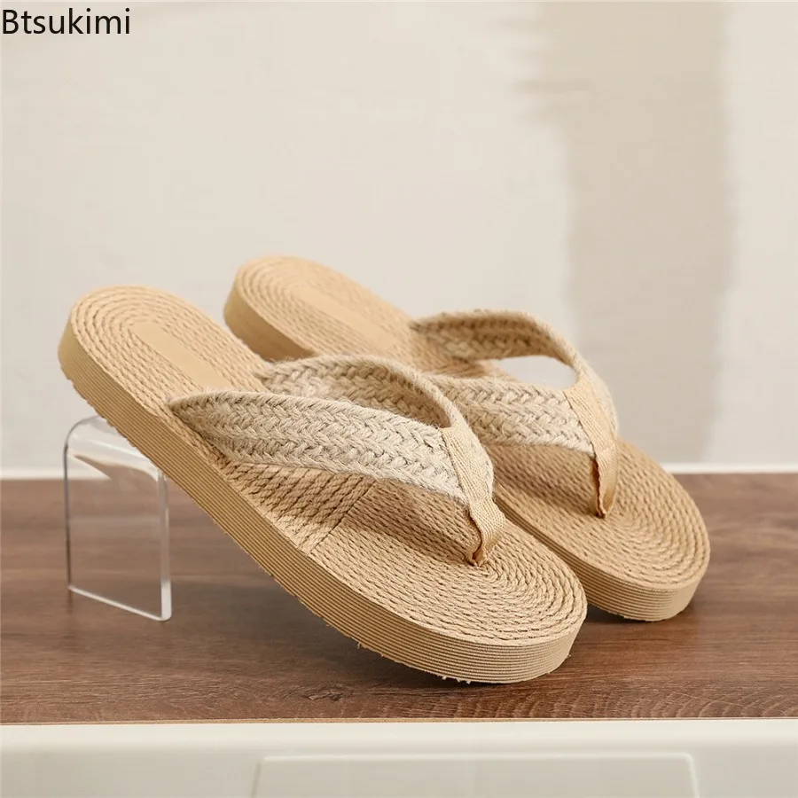 2026 New Grass Weaving Hemp Bottom Women's Sandals Summer Fashion Beach Clip on Ladies Slippers Simple Casual Wearing Flip Flops