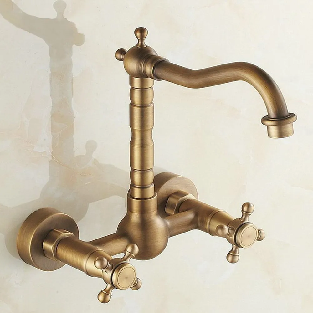 

Antique Brass Wall Mounted 2 Cross Handles Swivel Spout Kitchen Bathroom Sink Basin Faucet Mixer Tap anf052