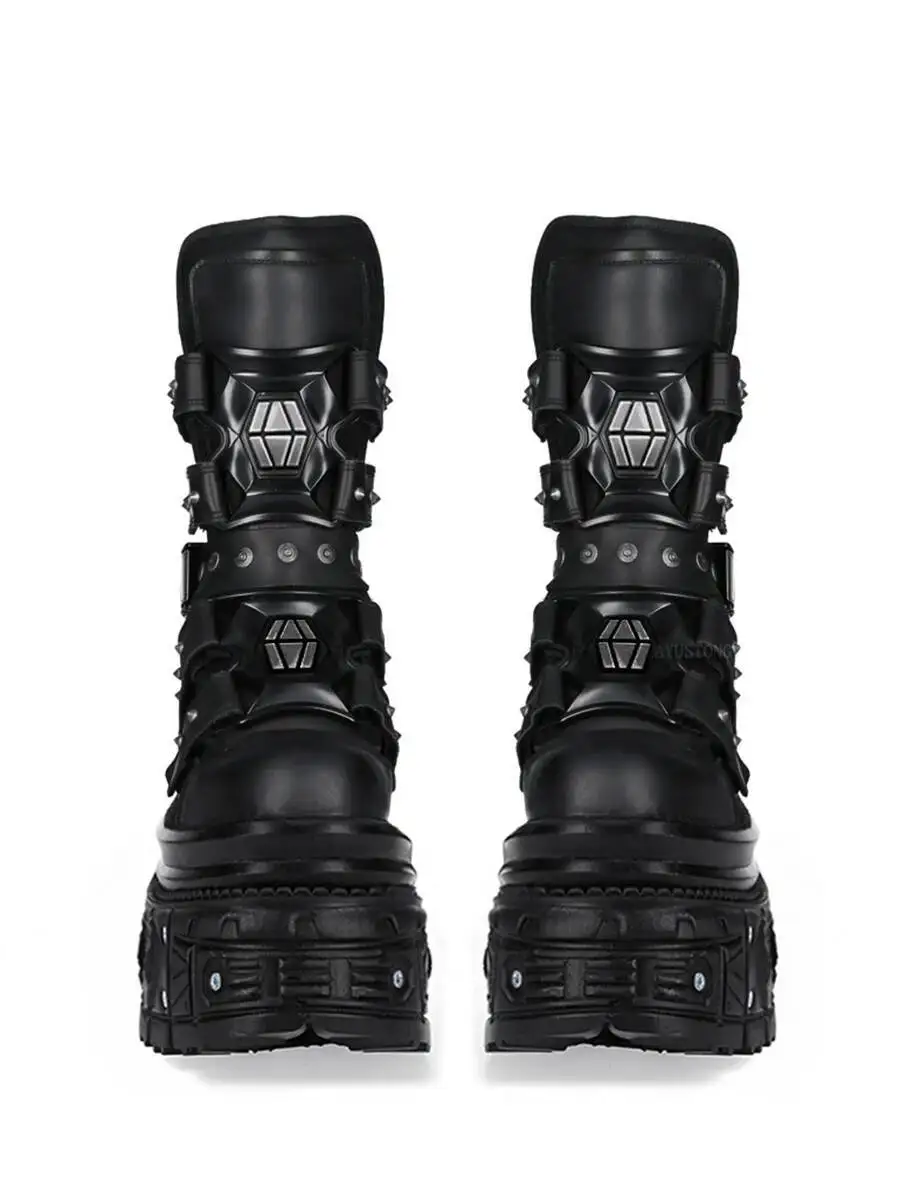 Cyberpunk Metal Black Motorcycle Boots 2025 New Street Rock Thick Sole Round Short Boots 36-45 Fashion Sports Casual Gothic Boot