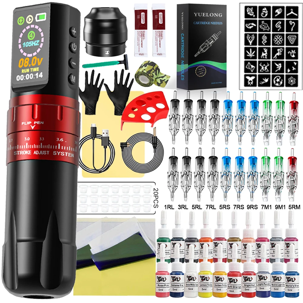 

Wireless Tattoo Pen Machine Kit Adjustable 2.4-4.2mm Strokes Rotary Tattoo Machine with Mixed Cartridge Needles Ink Set