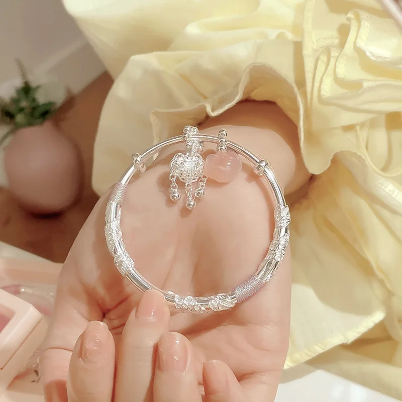 

Blooming Flowers Bracelet Women S999 Solid Silver Bangle Peace Lock