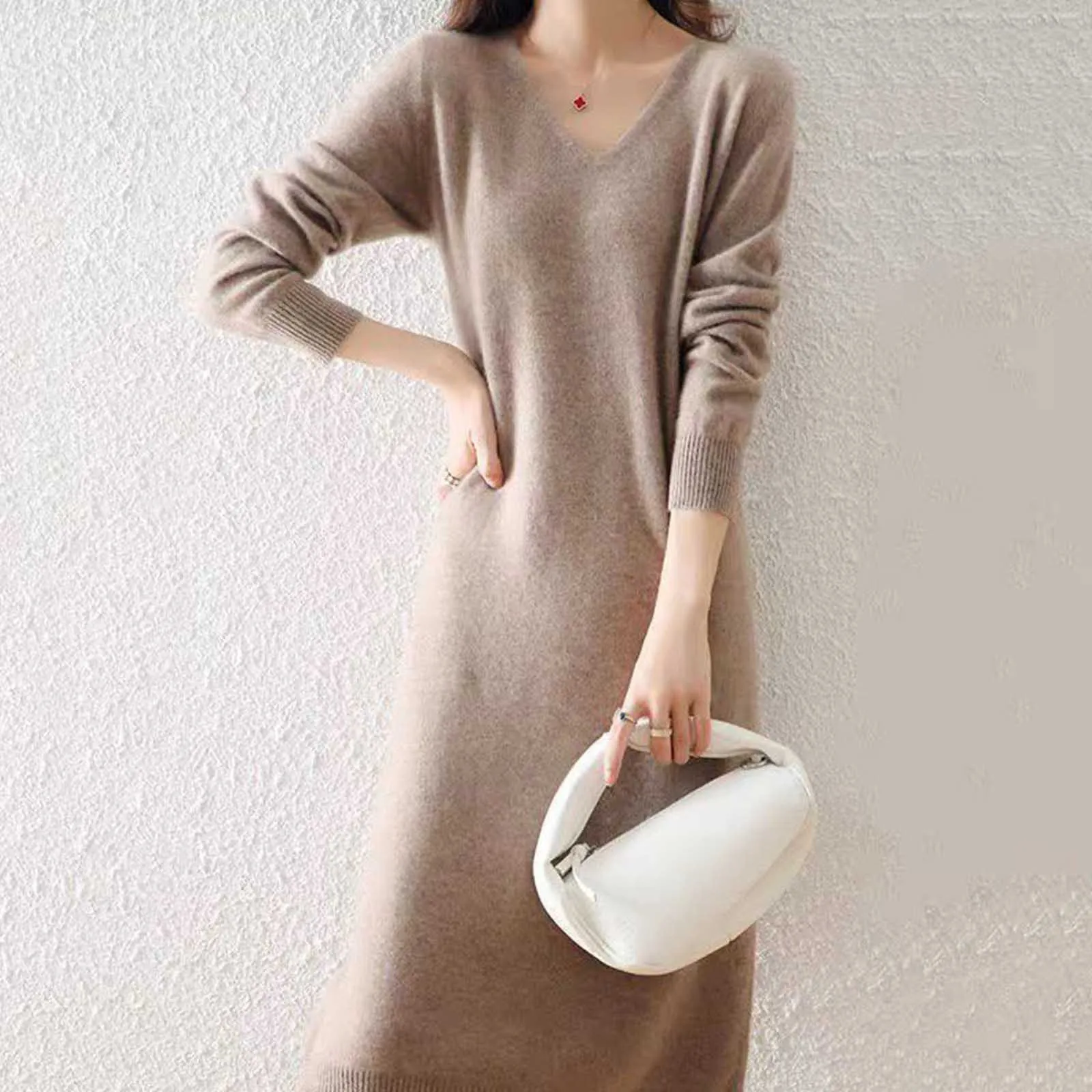 Long Sleeve V Neck Wool Knit Dress For Women  French Style Layering Long Dress For Fall And Winter  Cozy Warm Casual Maxi Dress