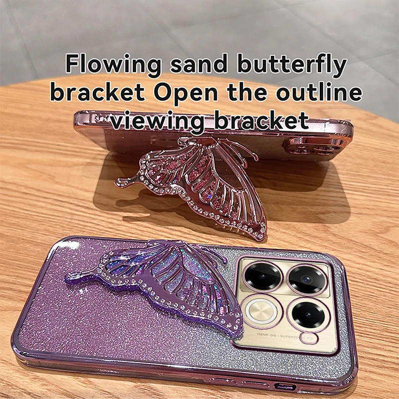 Luxury 3D Liquid Sand Butterfly Phone Holder Plating Glitter Case for Infinix Note 40 Pro Note 12 G96 Note 30 Electroplated Case